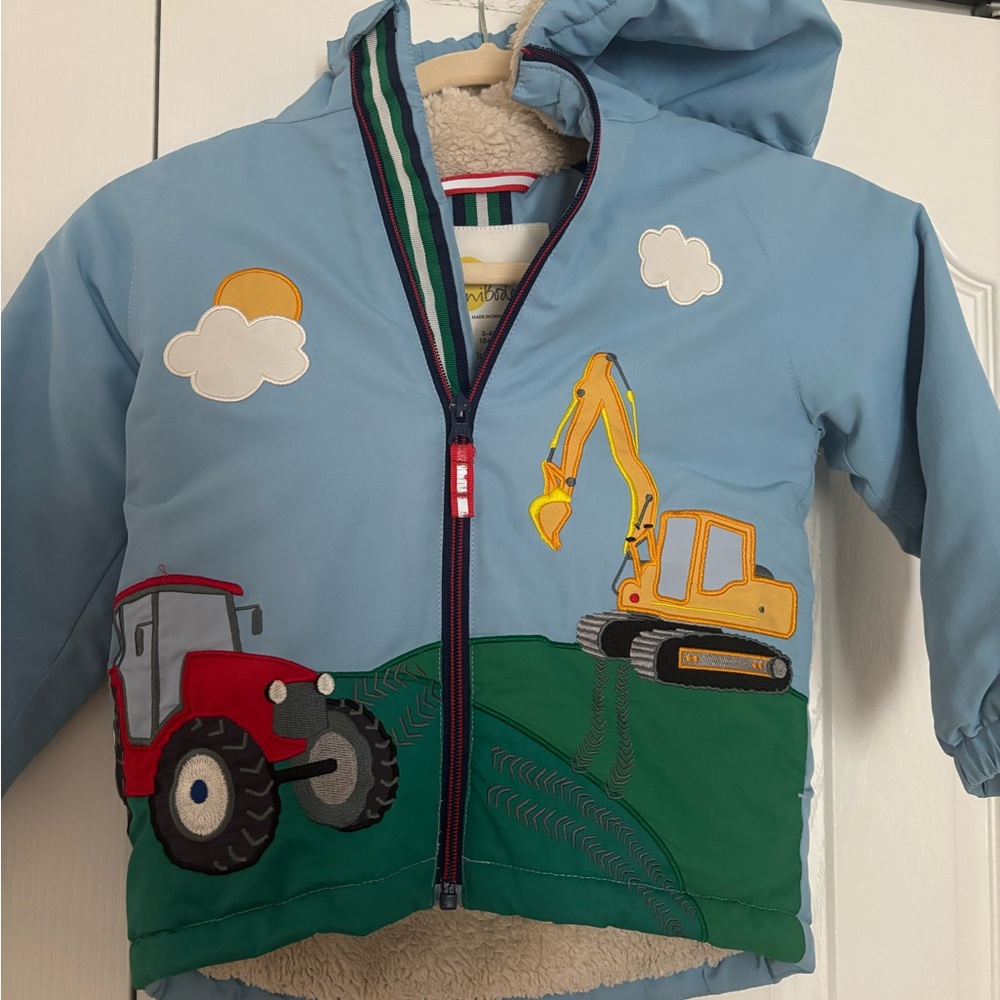 Mini Boden Embroidered Tractor Backhoe Jacket Sherpa Lined Multicolor 3-4Y